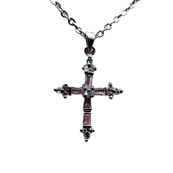 Vintage-Inspired Cookie Lee Cross Necklace With Pink & Clear Rhinestones. B76 - Picture 3 of 14